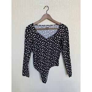Victoria's Secret PINK cotton floral bodysuit sz Small black long sleeve boho